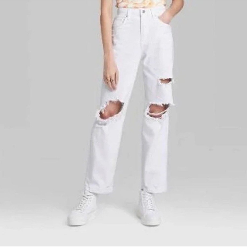 Distressed White Dad Jeans